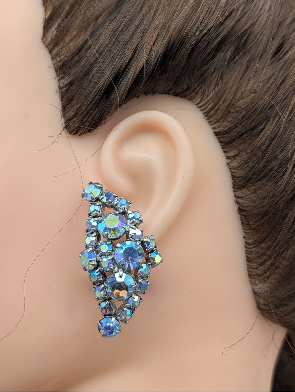 Vintage AB Blue Aurora Borealis Rhinestone Statement Clip On Earring Climbers